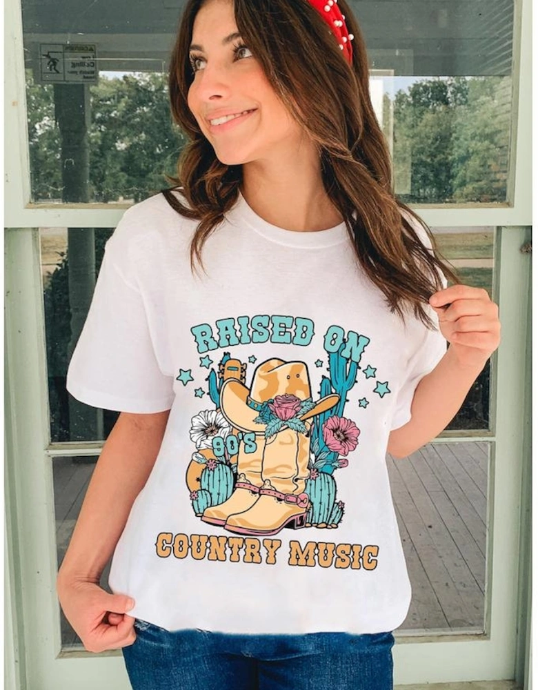 White RAISED ON COUNTRY MUSIC Western Graphic Tee