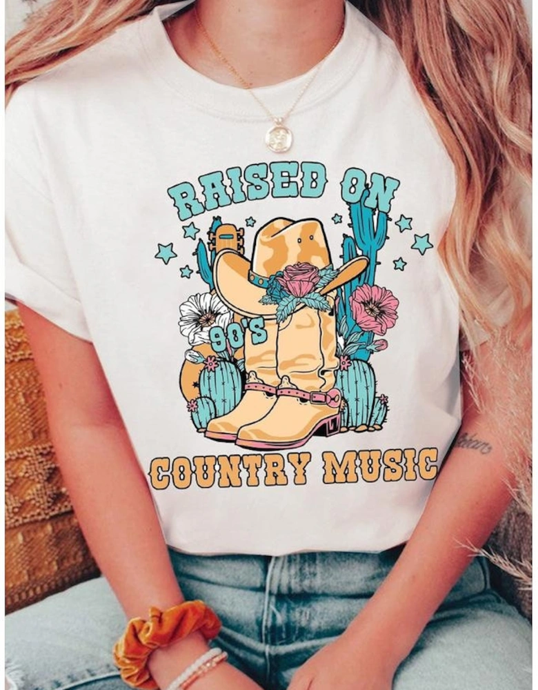 White RAISED ON COUNTRY MUSIC Western Graphic Tee