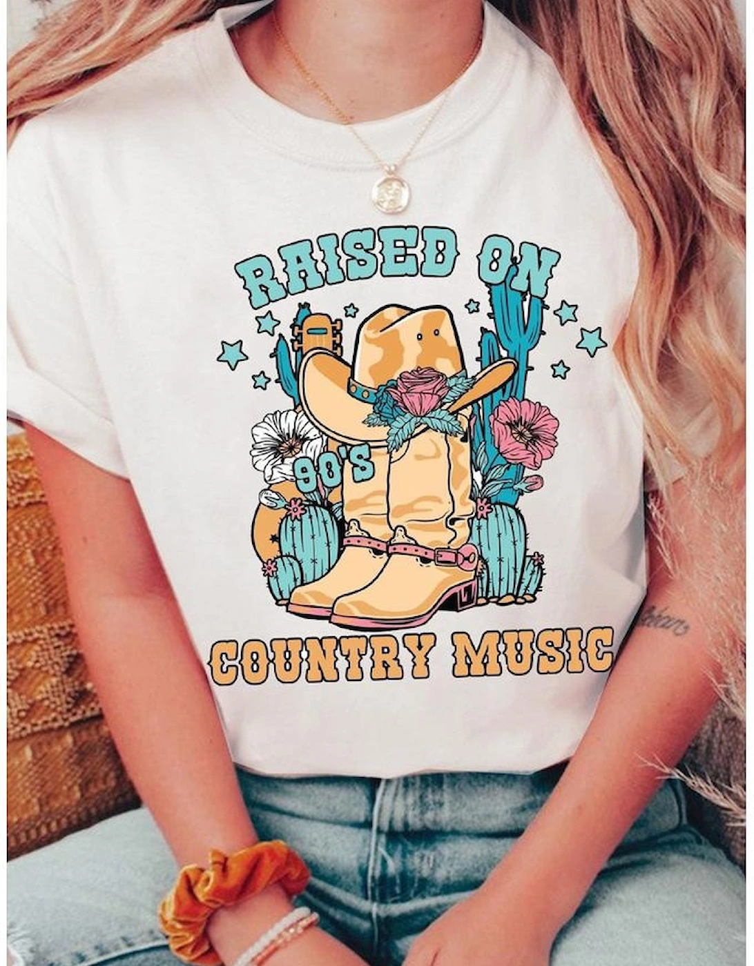White RAISED ON COUNTRY MUSIC Western Graphic Tee