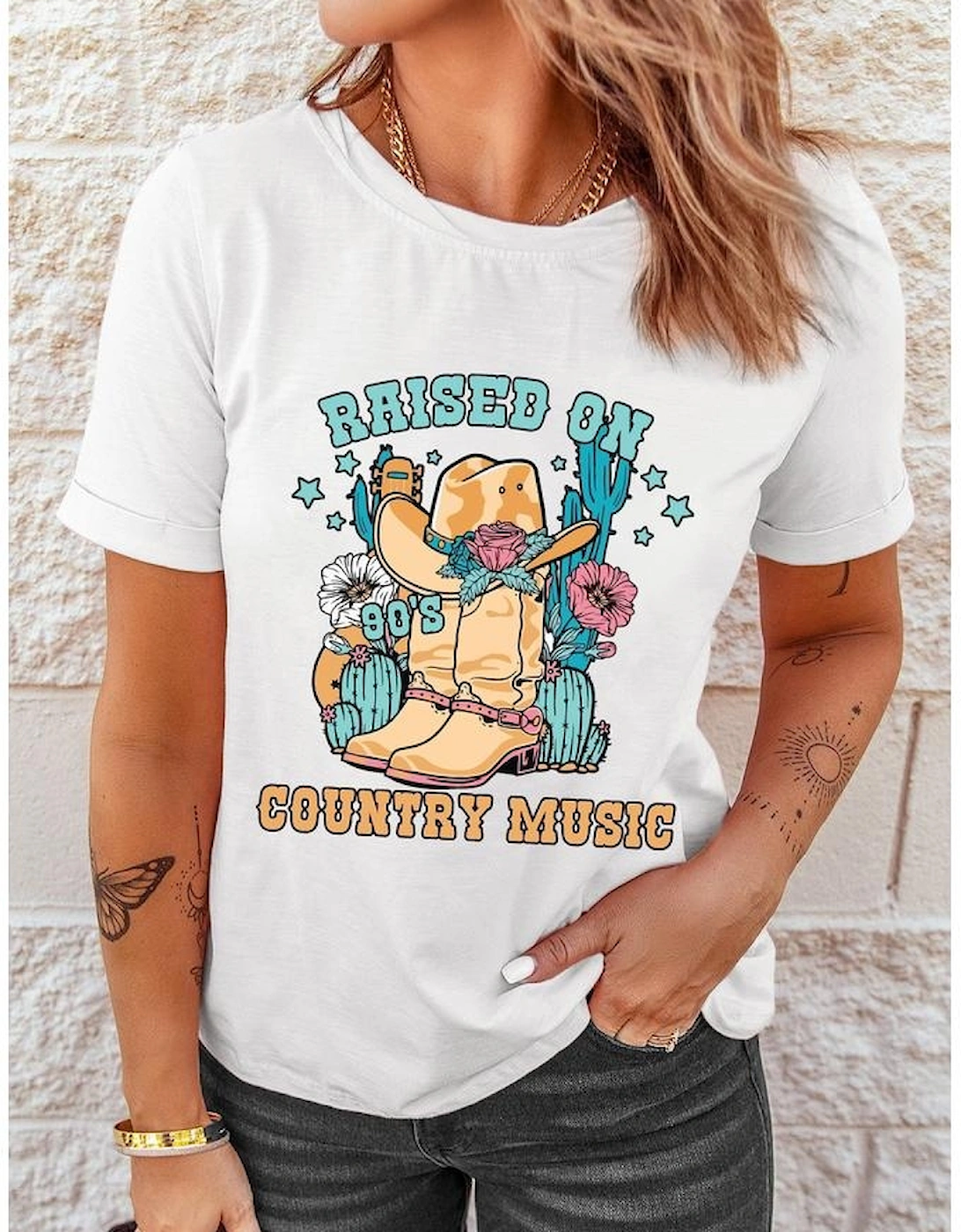 White RAISED ON COUNTRY MUSIC Western Graphic Tee