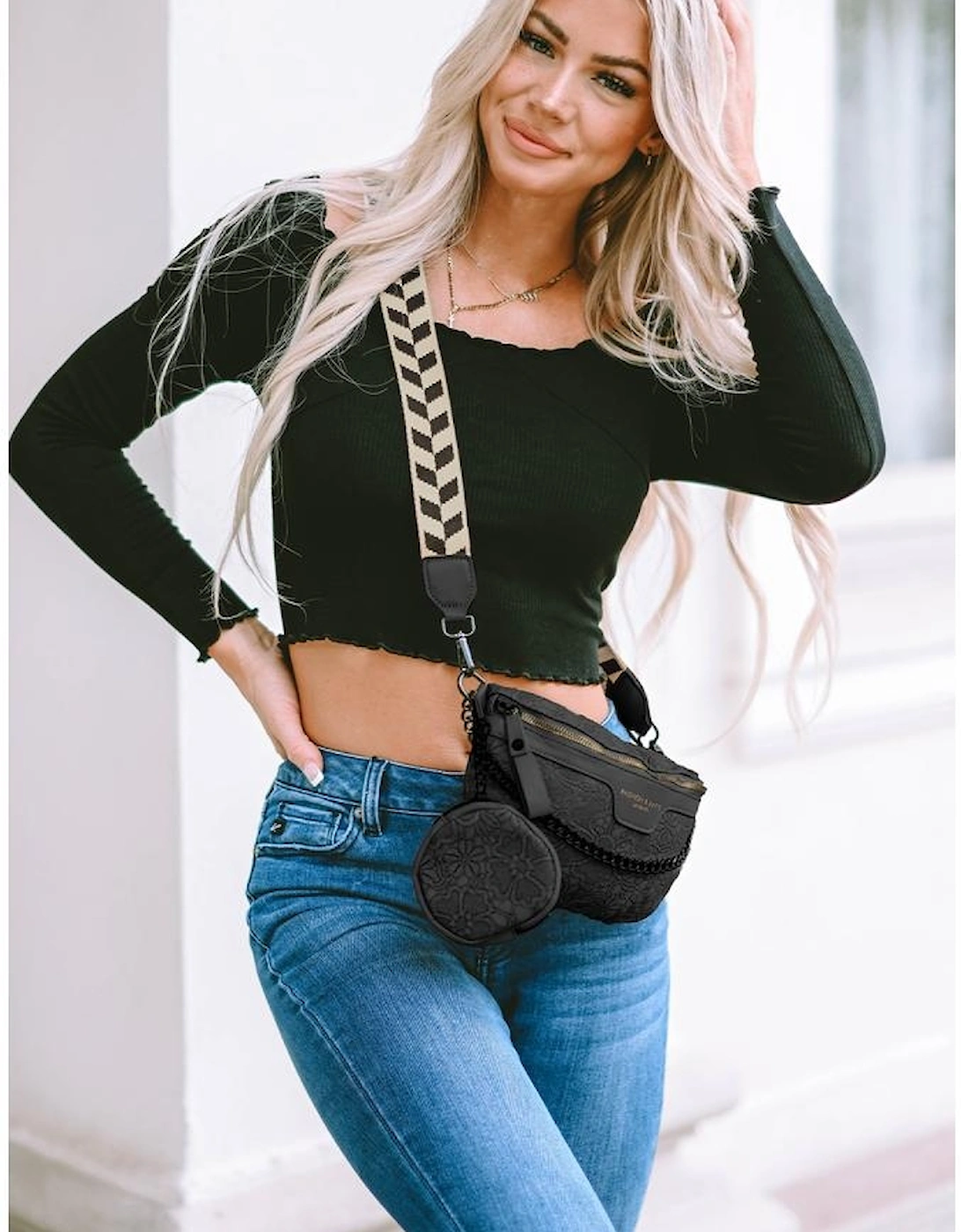 Black Colorblock Strap Chain Shoulder Bag With Coin Purse