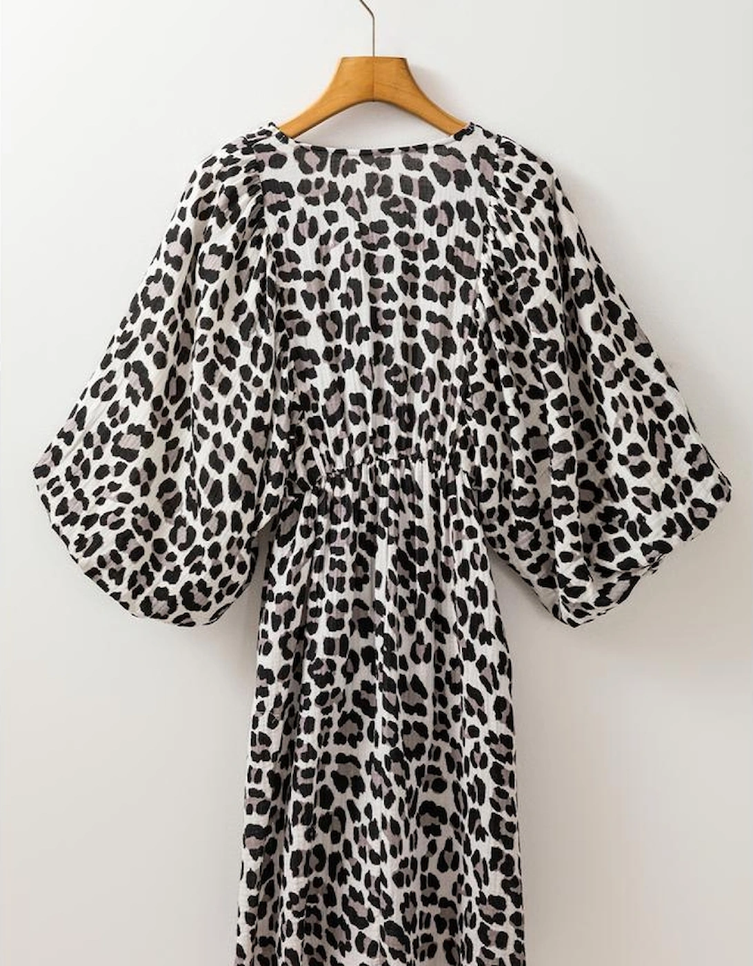 Black Leopard Print Elasticated V Neck 3/4 Puff Sleeve Dress, 11 of 10