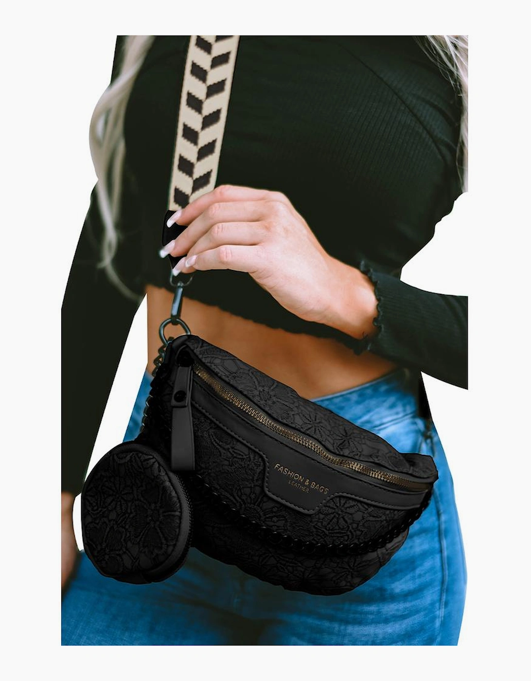 Black Colorblock Strap Chain Shoulder Bag With Coin Purse