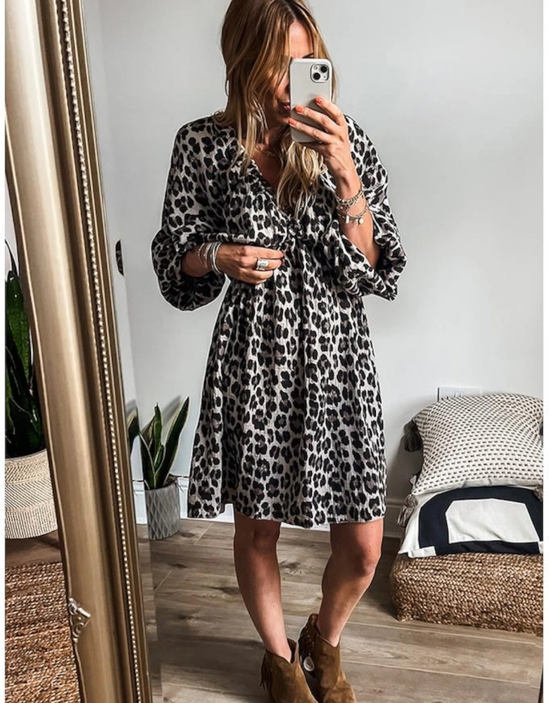 Black Leopard Print Elasticated V Neck 3/4 Puff Sleeve Dress
