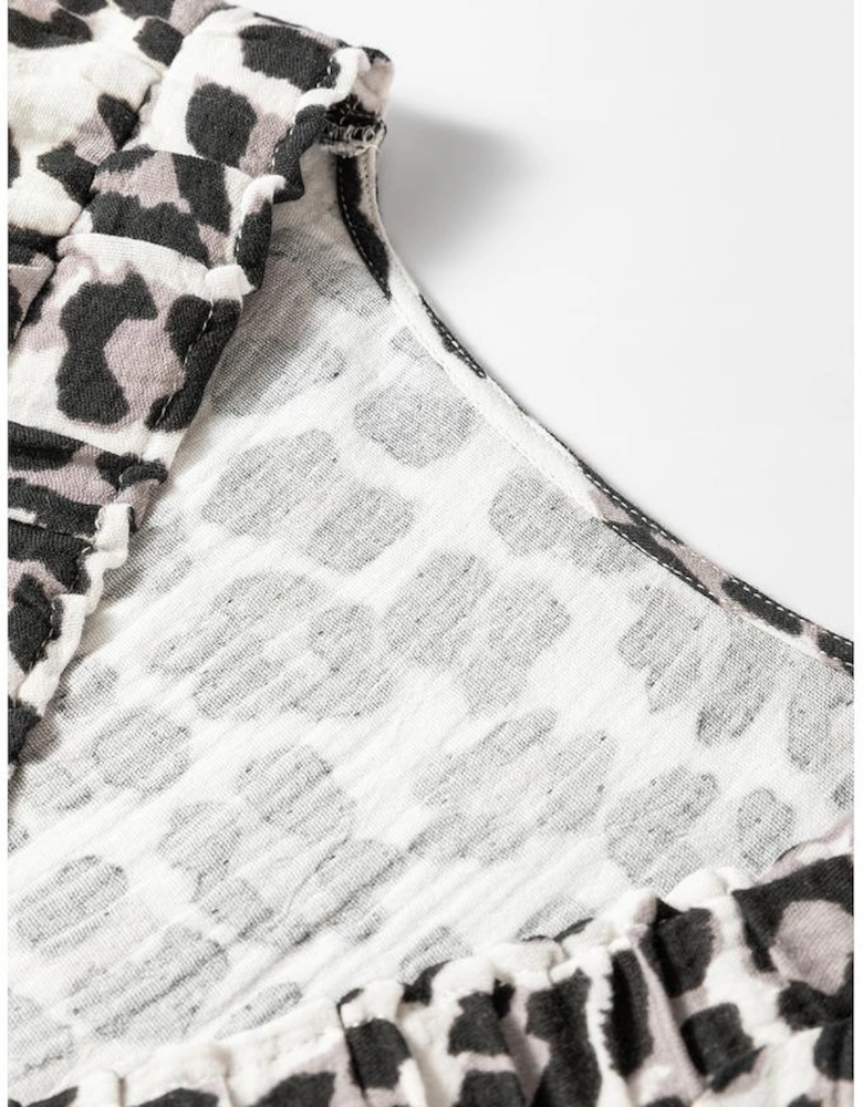 Black Leopard Print Elasticated V Neck 3/4 Puff Sleeve Dress