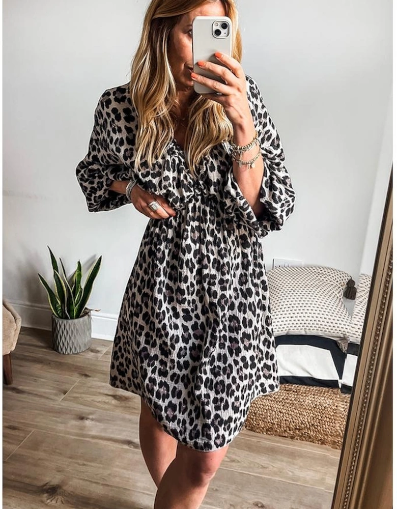 Black Leopard Print Elasticated V Neck 3/4 Puff Sleeve Dress