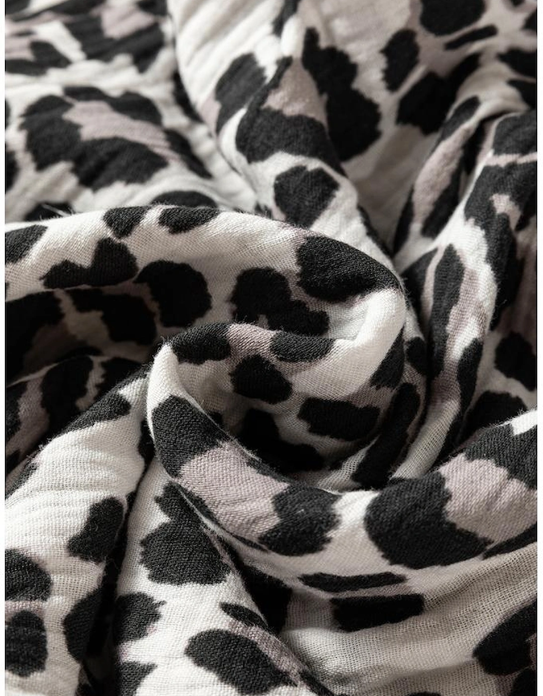 Black Leopard Print Elasticated V Neck 3/4 Puff Sleeve Dress