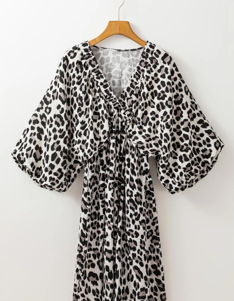 Black Leopard Print Elasticated V Neck 3/4 Puff Sleeve Dress