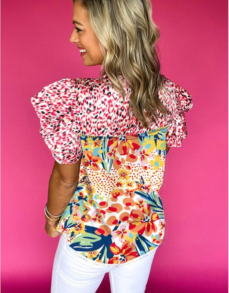 Red Floral Mixed Print Ruffle Cap Sleeve Blouse