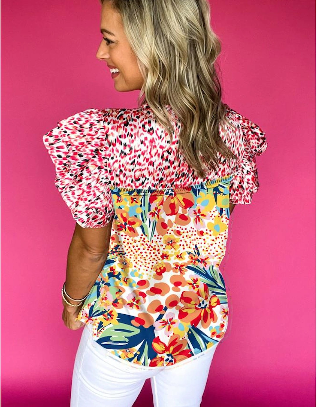 Red Floral Mixed Print Ruffle Cap Sleeve Blouse, 12 of 11