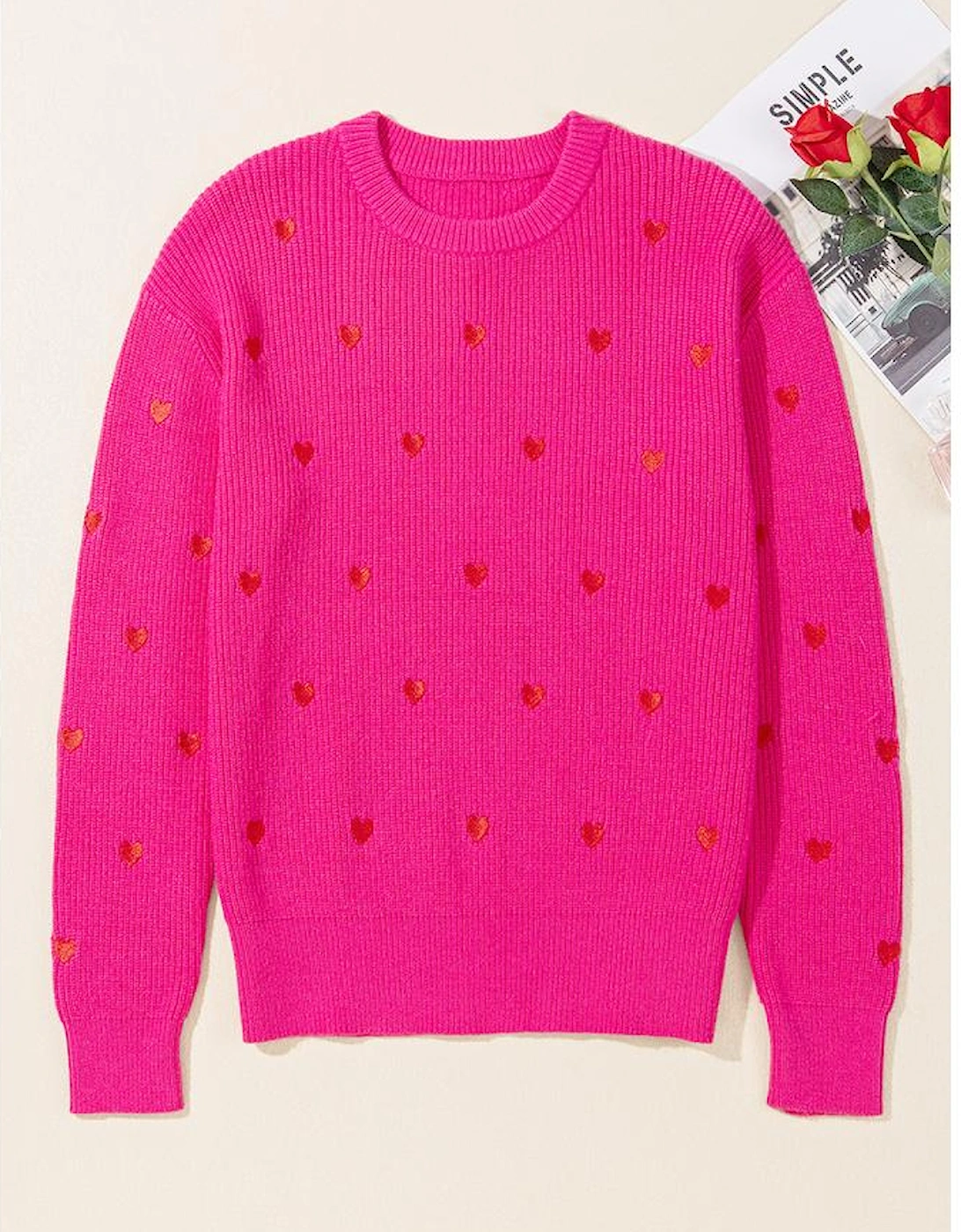 Rose Red Heart Shape Drop Shoulder Round Neck Sweater, 15 of 14