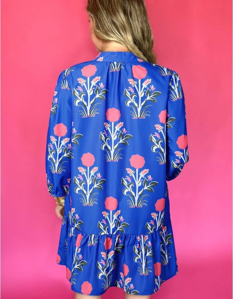 Blue Floral Print Button Detail 3/4 Puff Sleeve Ruffle Hem Dress