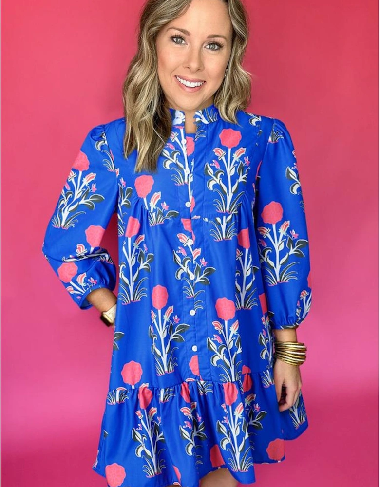 Blue Floral Print Button Detail 3/4 Puff Sleeve Ruffle Hem Dress