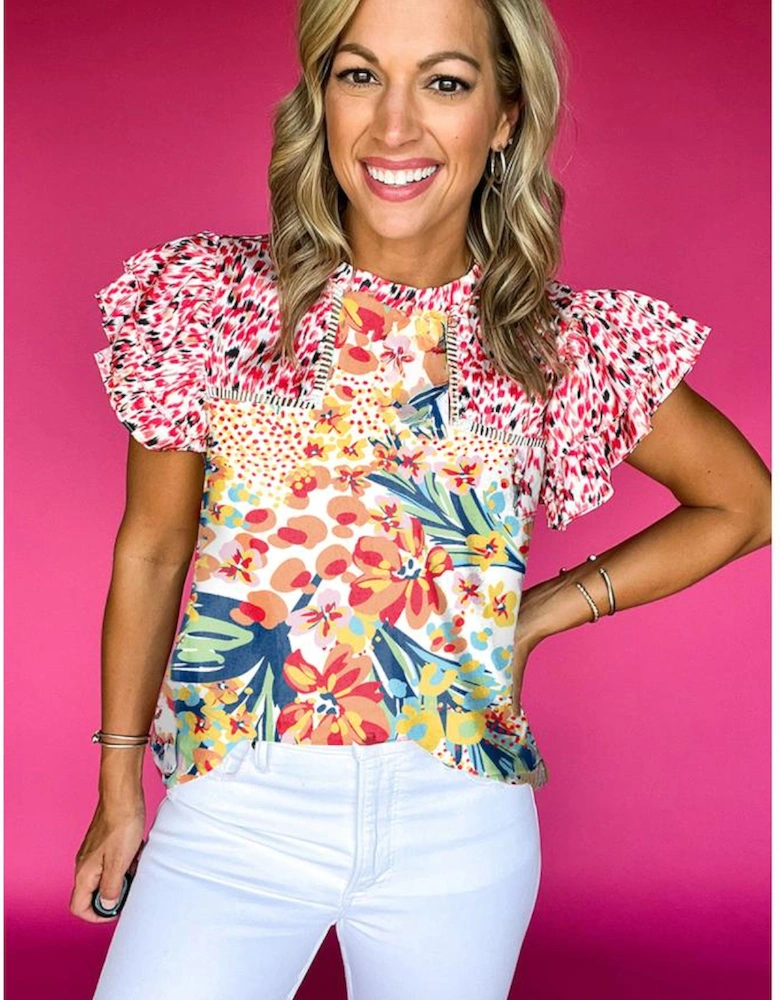 Red Floral Mixed Print Ruffle Cap Sleeve Blouse