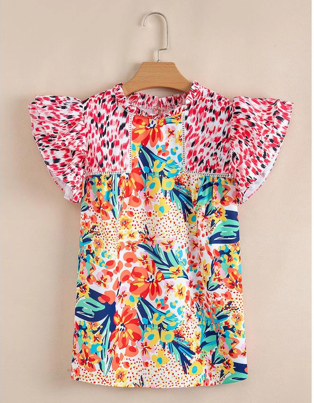 Red Floral Mixed Print Ruffle Cap Sleeve Blouse