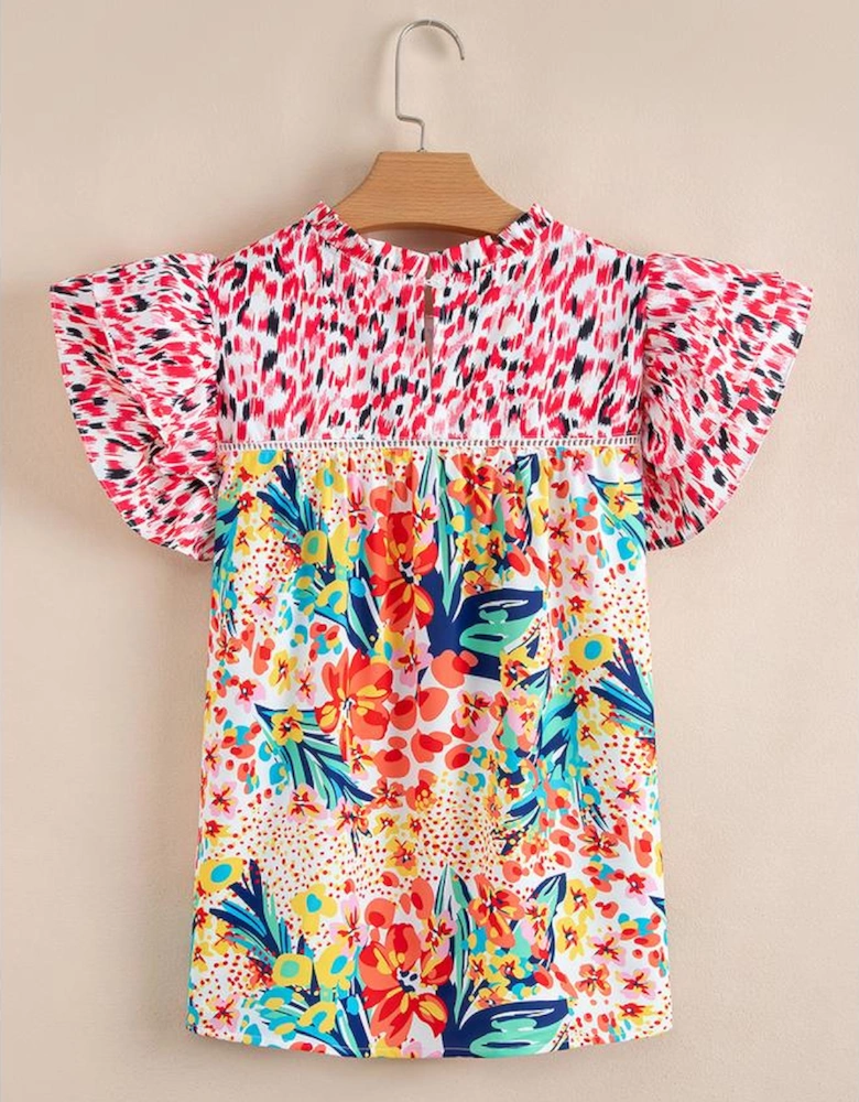 Red Floral Mixed Print Ruffle Cap Sleeve Blouse