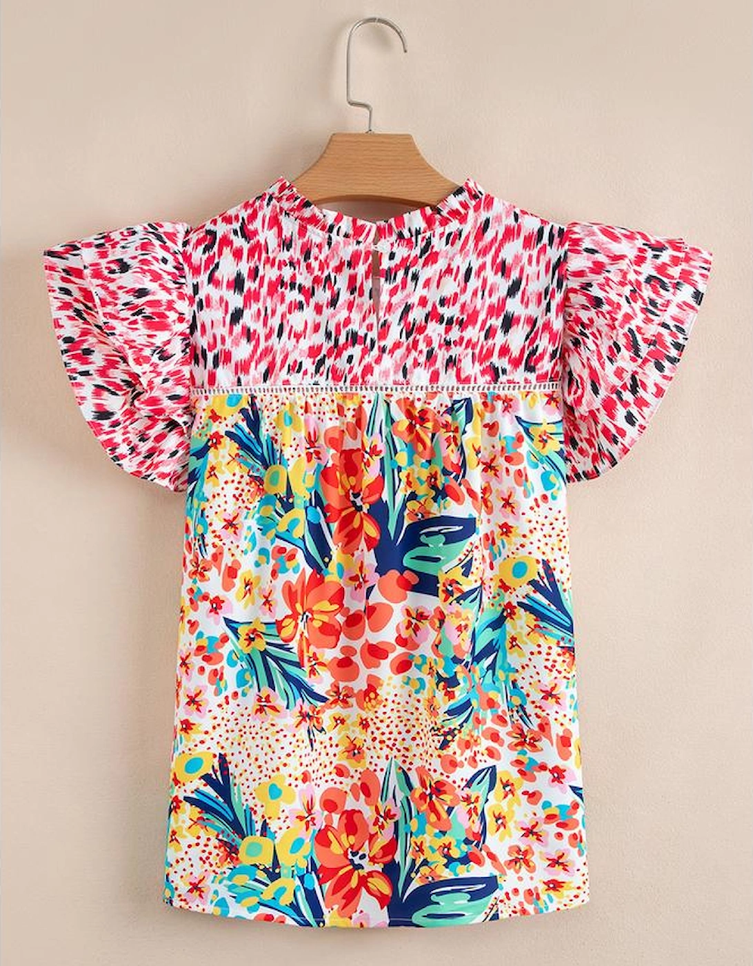 Red Floral Mixed Print Ruffle Cap Sleeve Blouse