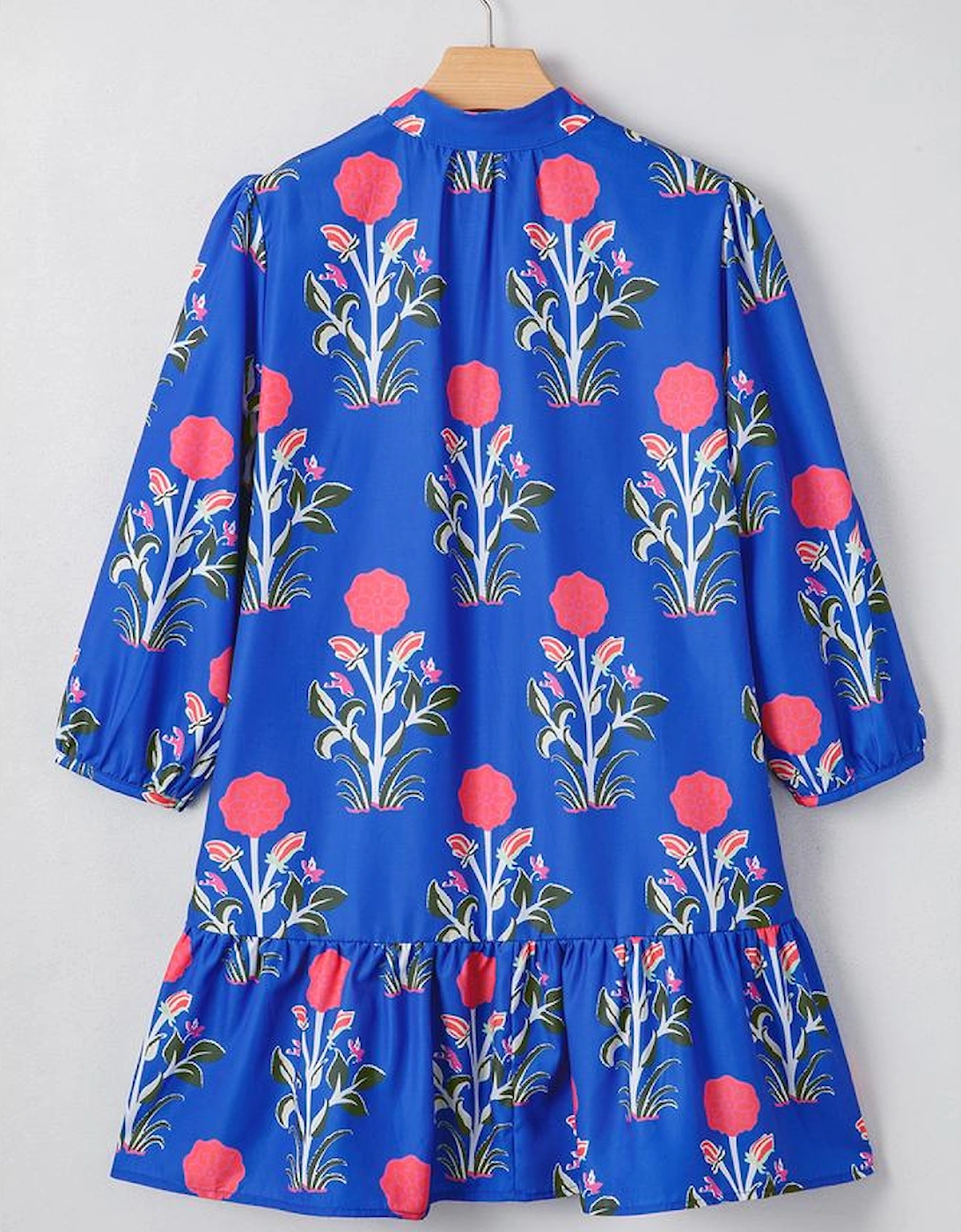 Blue Floral Print Button Detail 3/4 Puff Sleeve Ruffle Hem Dress