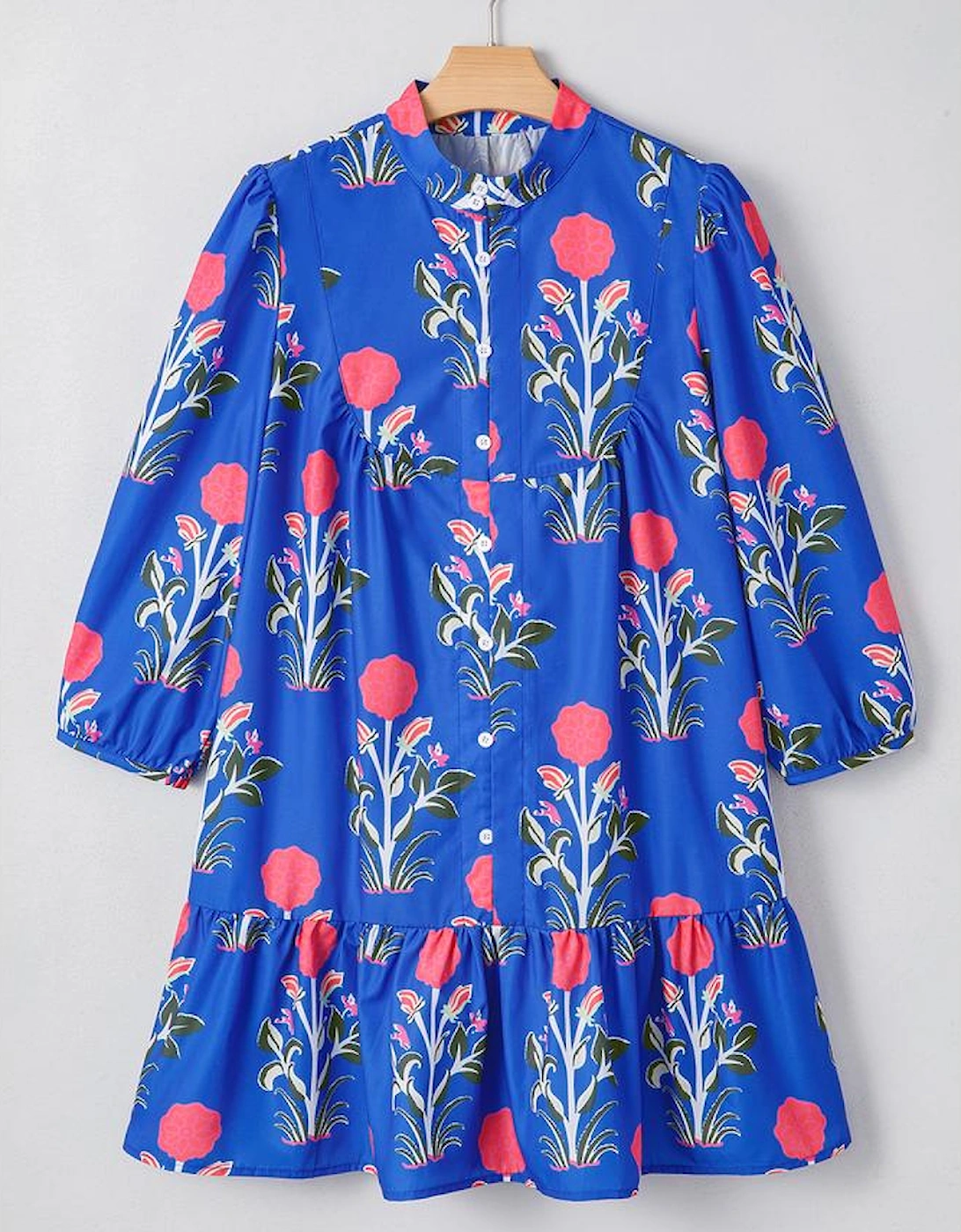 Blue Floral Print Button Detail 3/4 Puff Sleeve Ruffle Hem Dress