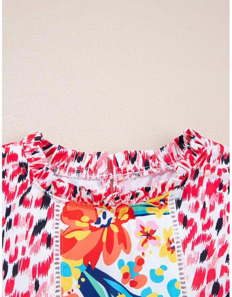 Red Floral Mixed Print Ruffle Cap Sleeve Blouse