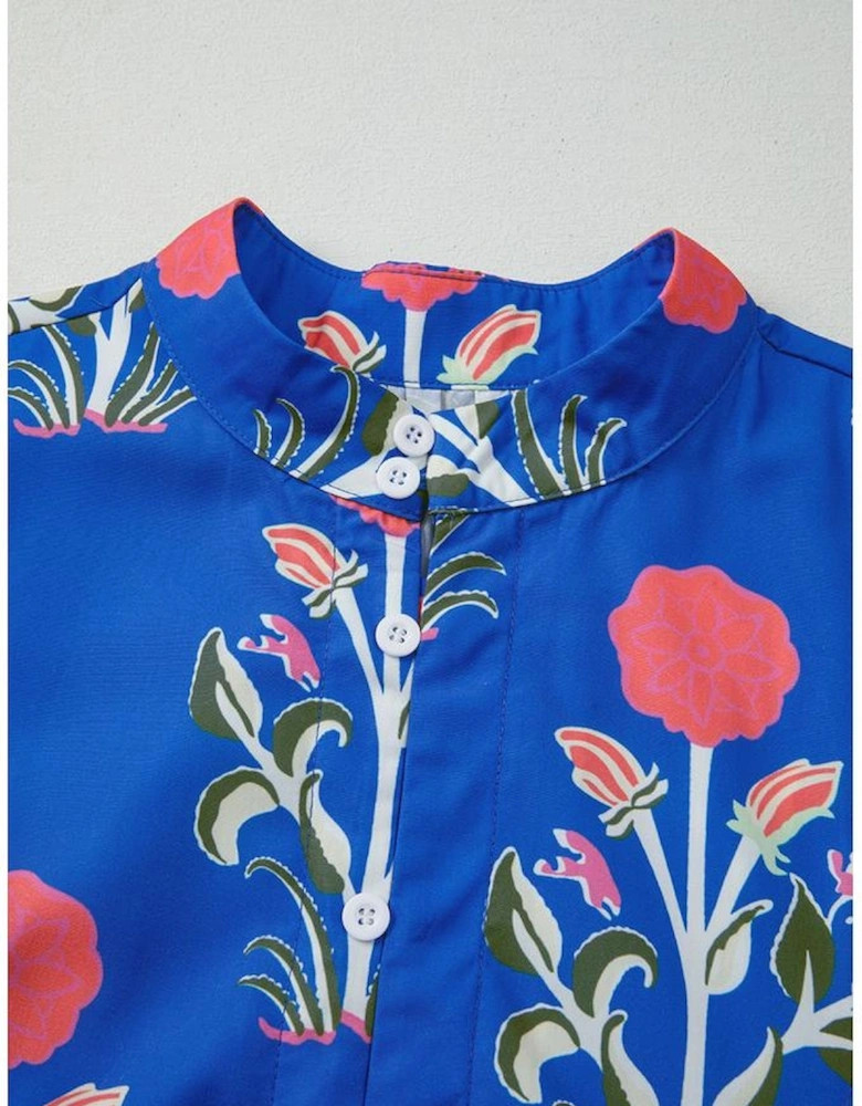 Blue Floral Print Button Detail 3/4 Puff Sleeve Ruffle Hem Dress