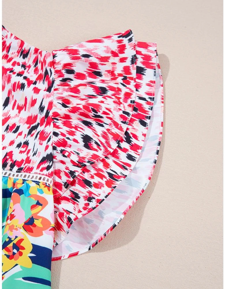 Red Floral Mixed Print Ruffle Cap Sleeve Blouse