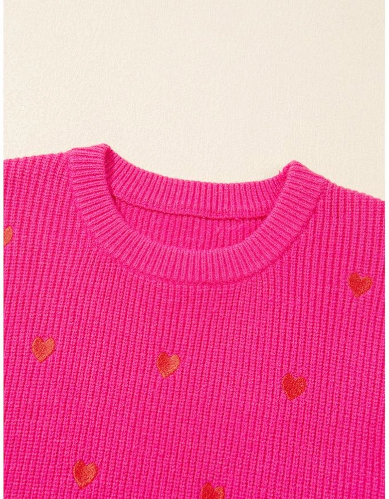 Rose Red Heart Shape Drop Shoulder Round Neck Sweater
