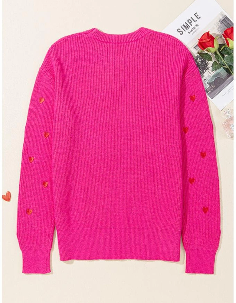 Rose Red Heart Shape Drop Shoulder Round Neck Sweater