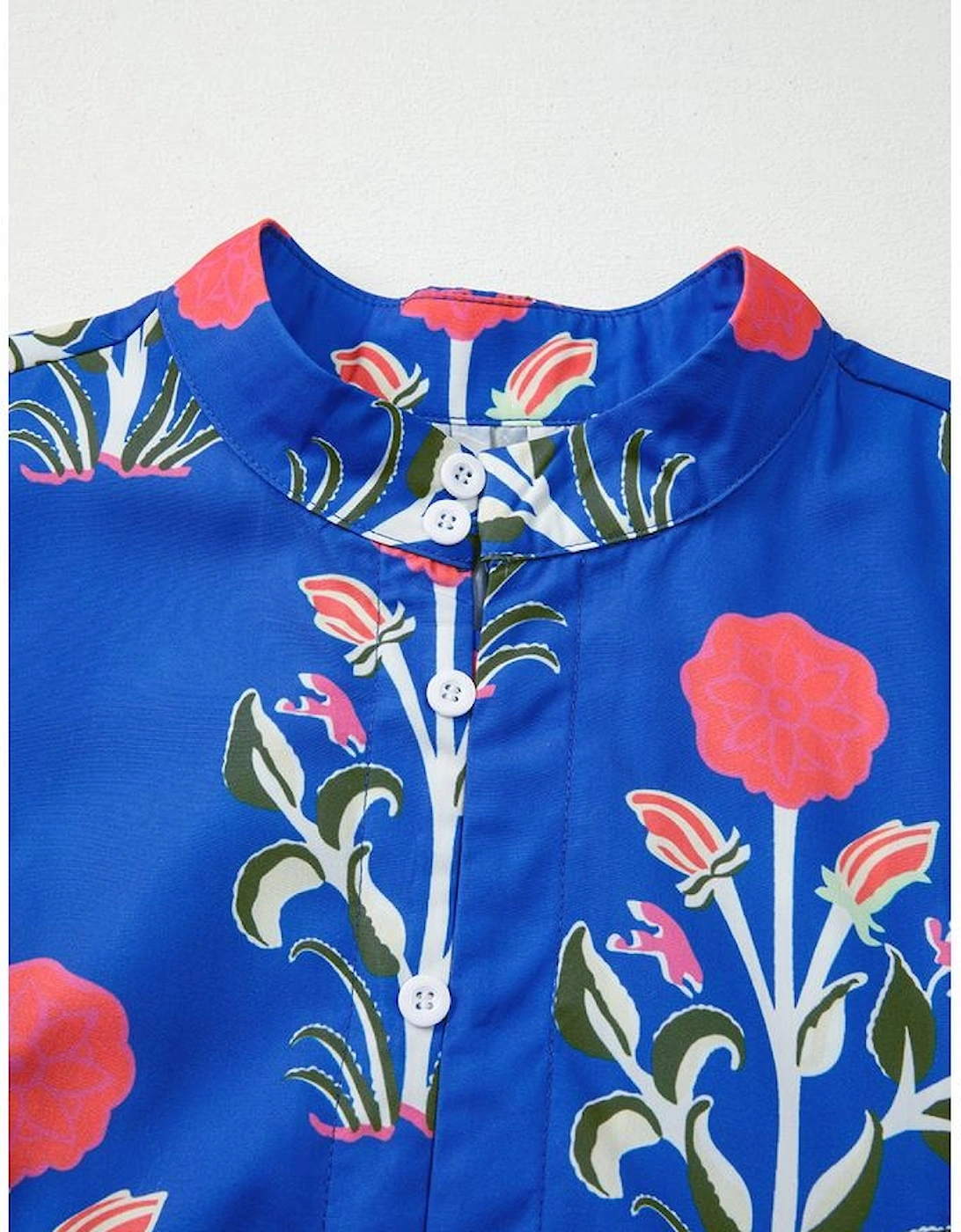 Blue Floral Print Button Detail 3/4 Puff Sleeve Ruffle Hem Dress