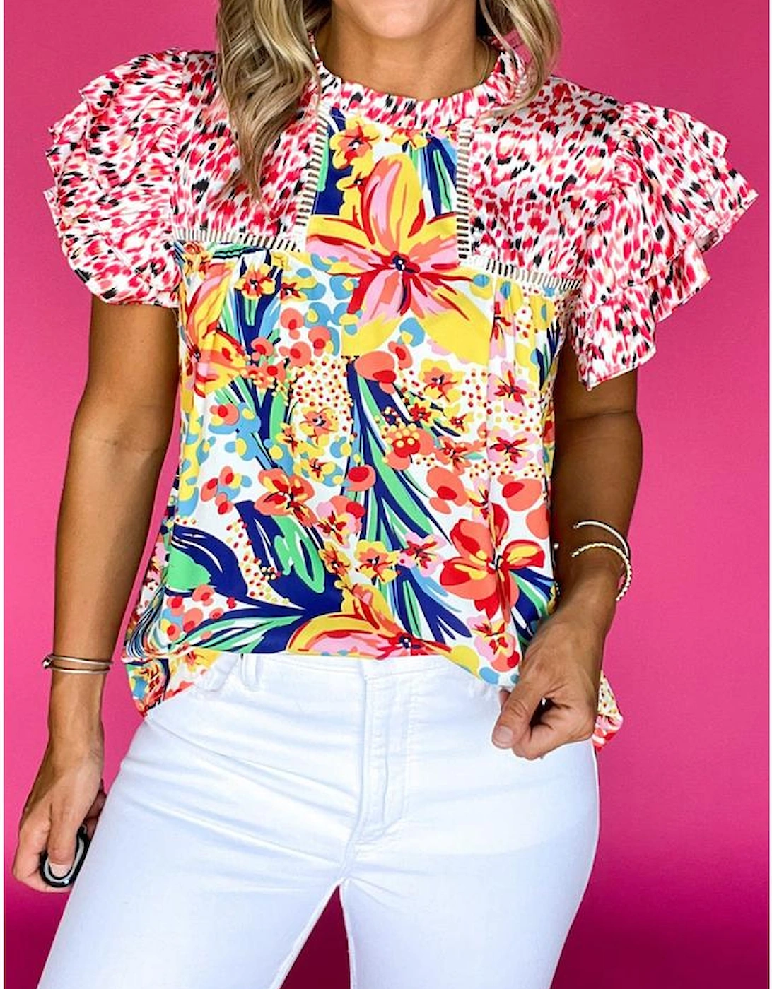 Red Floral Mixed Print Ruffle Cap Sleeve Blouse