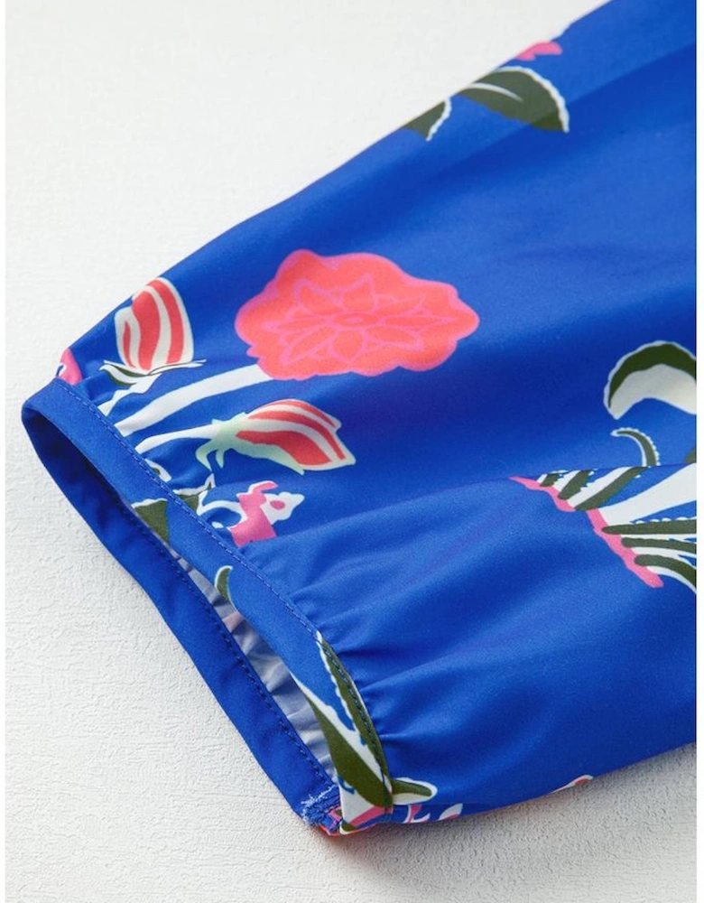 Blue Floral Print Button Detail 3/4 Puff Sleeve Ruffle Hem Dress