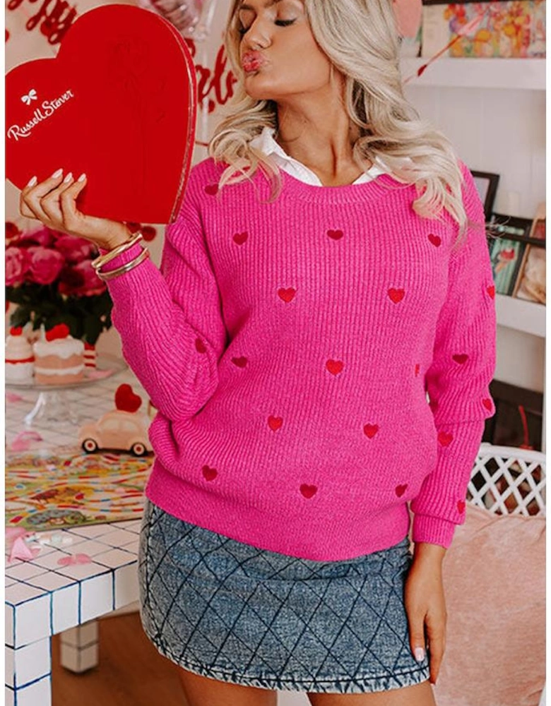 Rose Red Heart Shape Drop Shoulder Round Neck Sweater