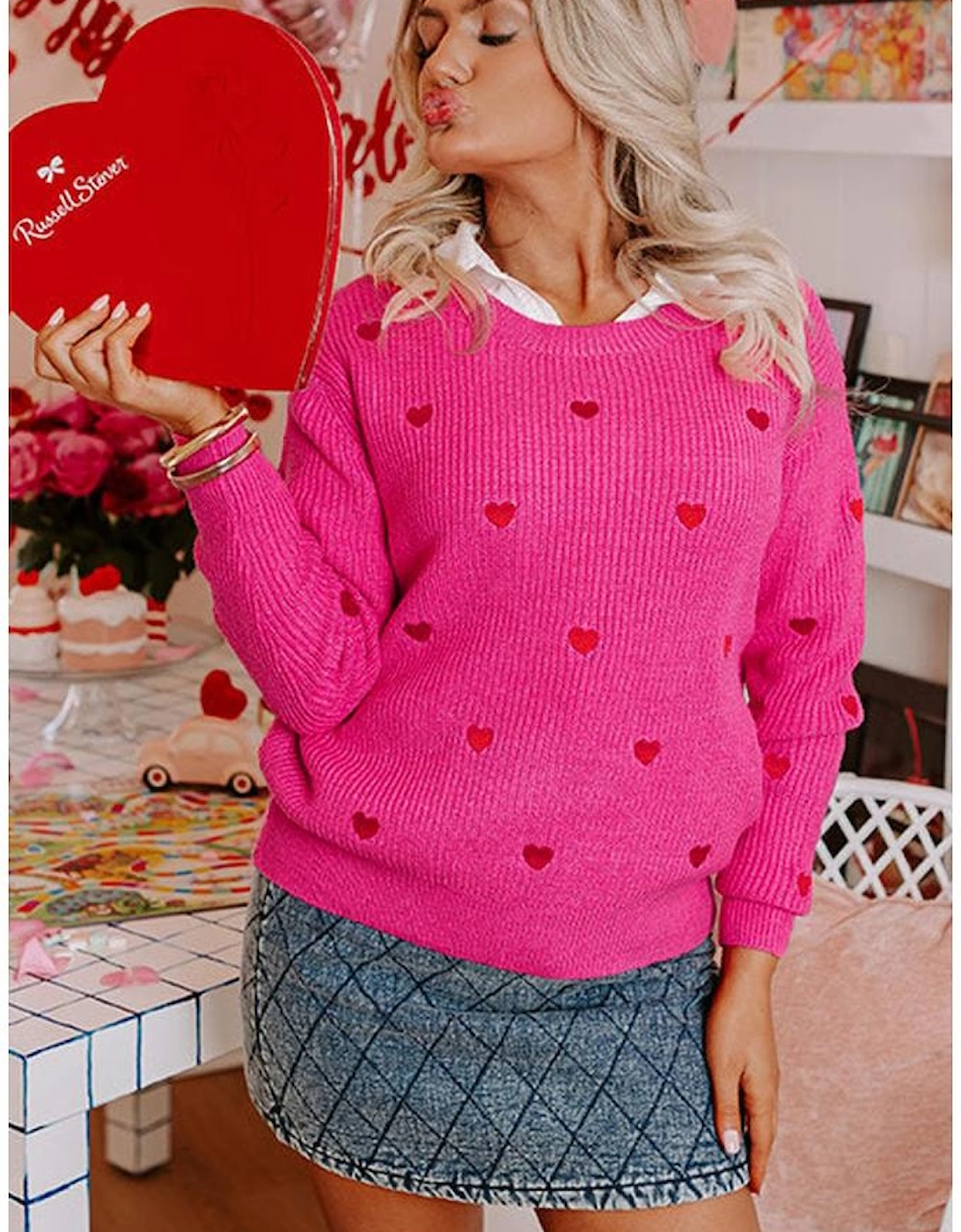 Rose Red Heart Shape Drop Shoulder Round Neck Sweater