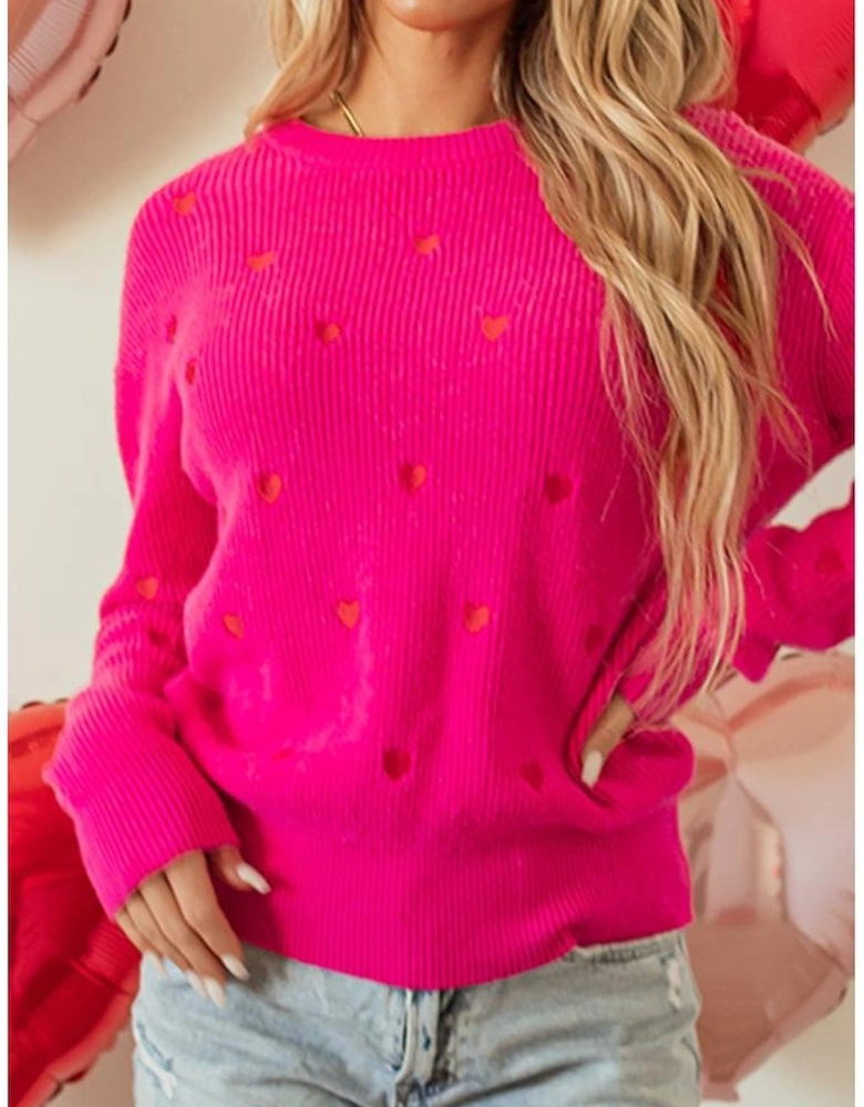 Rose Red Heart Shape Drop Shoulder Round Neck Sweater