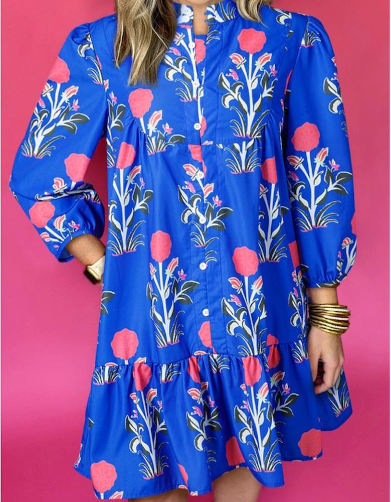 Blue Floral Print Button Detail 3/4 Puff Sleeve Ruffle Hem Dress