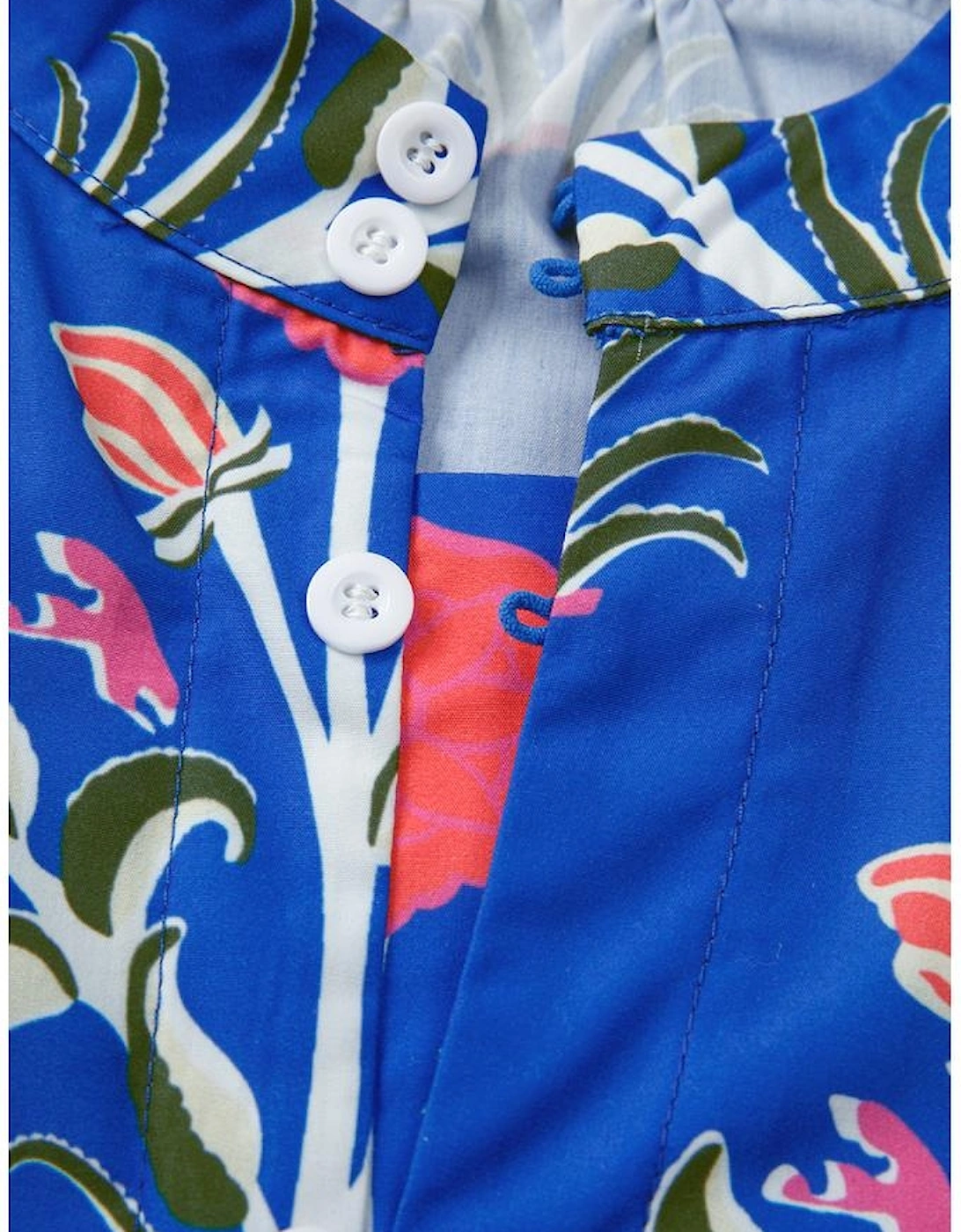 Blue Floral Print Button Detail 3/4 Puff Sleeve Ruffle Hem Dress