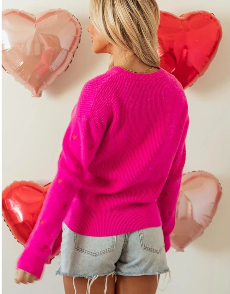 Rose Red Heart Shape Drop Shoulder Round Neck Sweater
