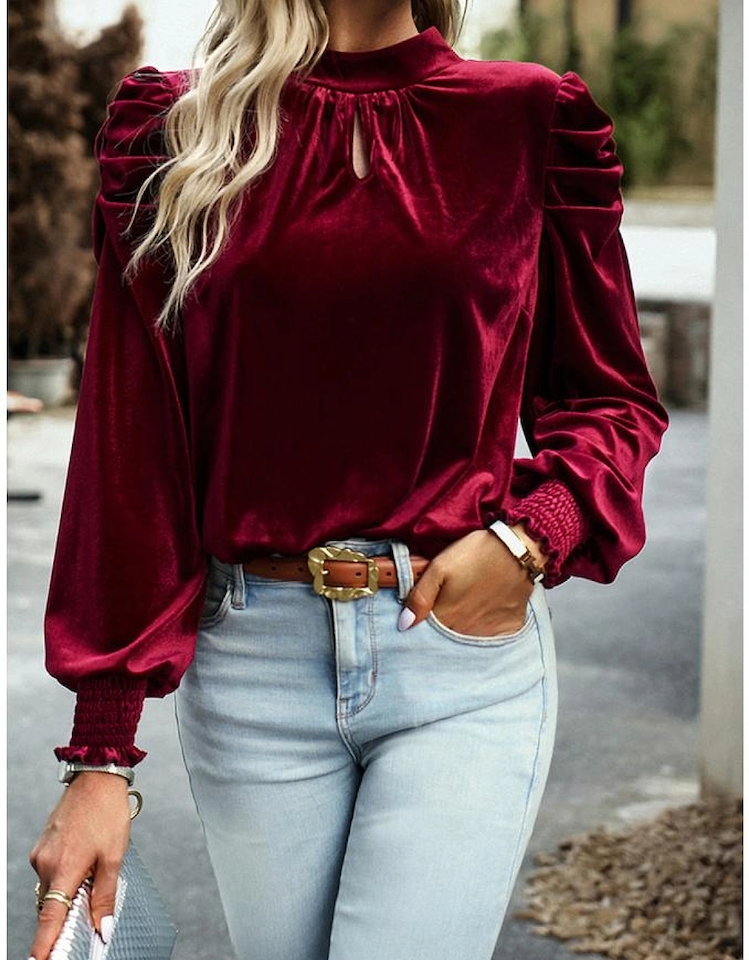 Red Mock Neck Puff Sleeve Velvet Blouse, 6 of 5