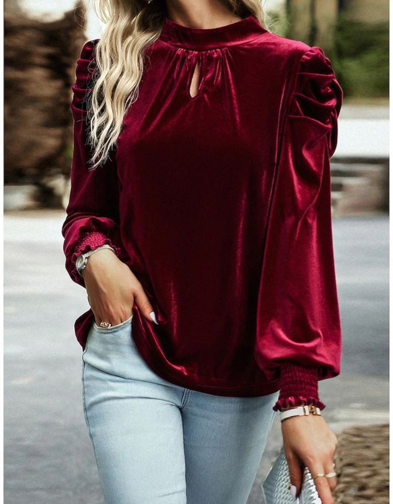 Red Mock Neck Puff Sleeve Velvet Blouse