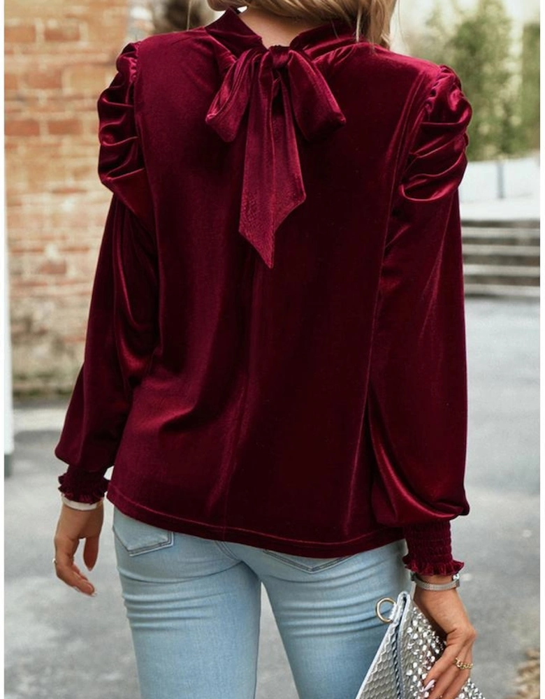 Red Mock Neck Puff Sleeve Velvet Blouse