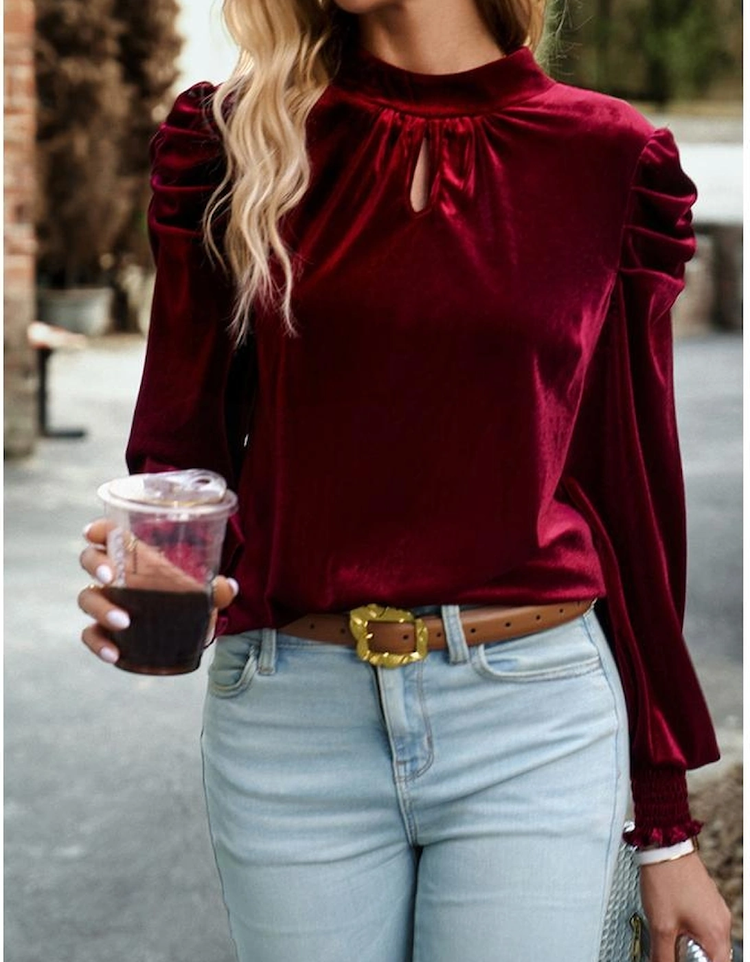 Red Mock Neck Puff Sleeve Velvet Blouse