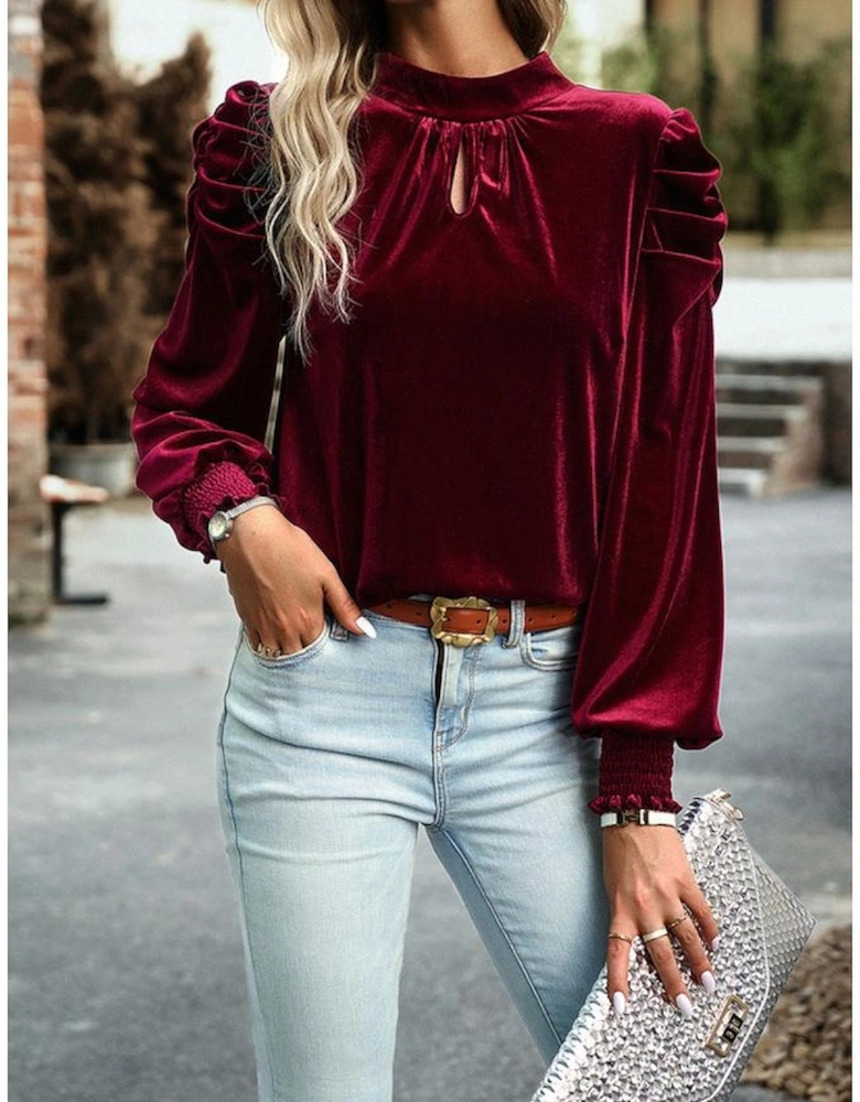 Red Mock Neck Puff Sleeve Velvet Blouse