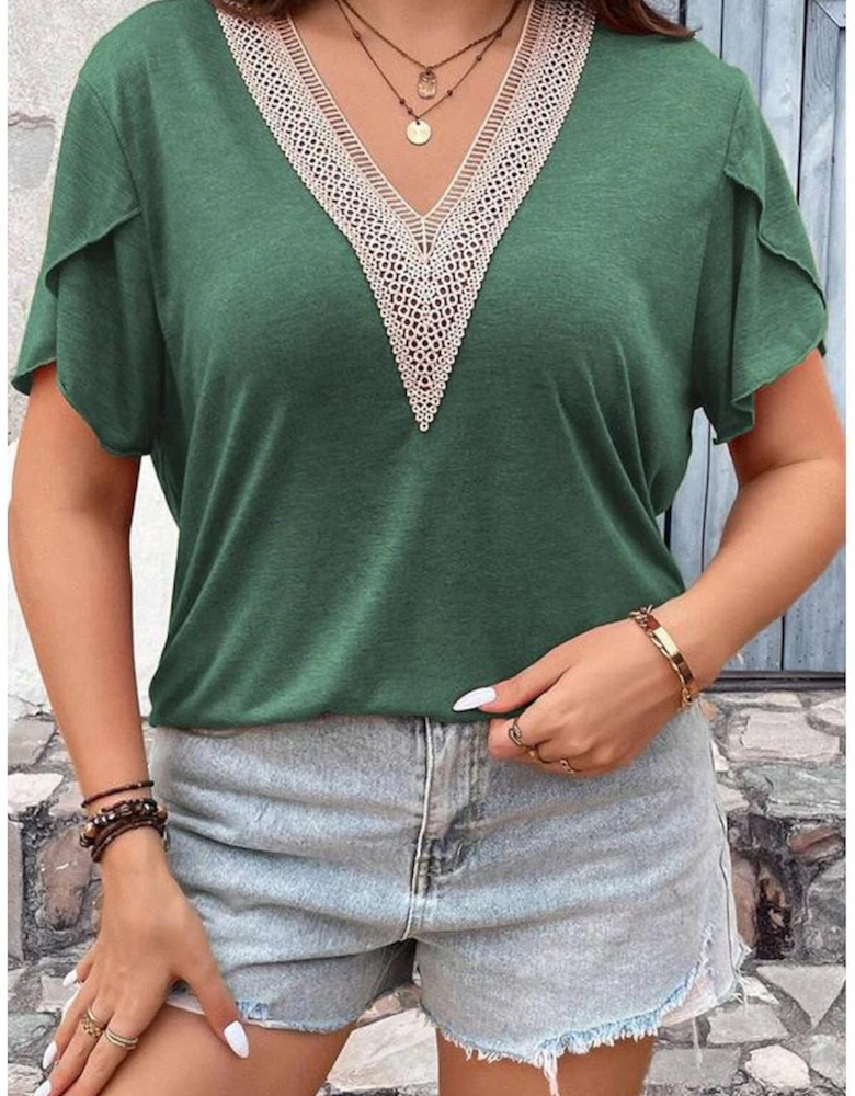 Blackish Green Plus Size Embroidery V Neck Draped Sleeve Blouse