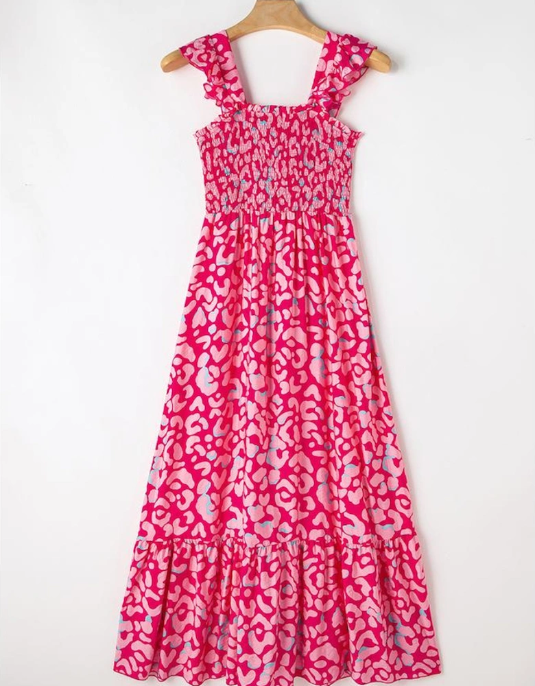 Pink Leopard Ruffle Straps Smocked High Waist Long Dress