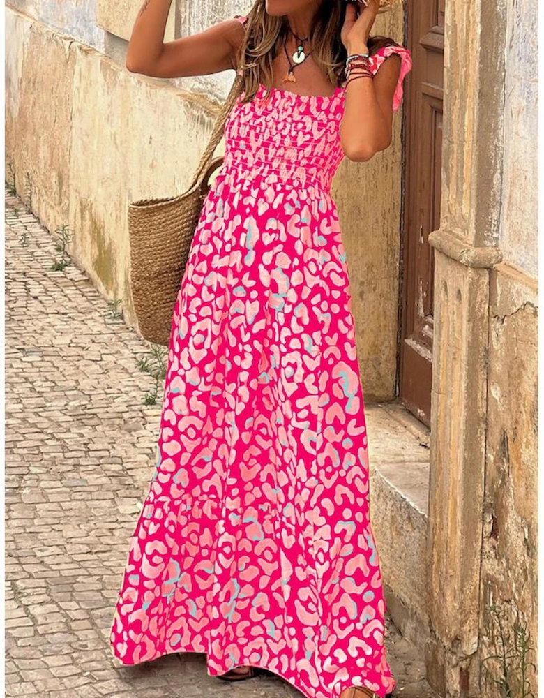 Pink Leopard Ruffle Straps Smocked High Waist Long Dress