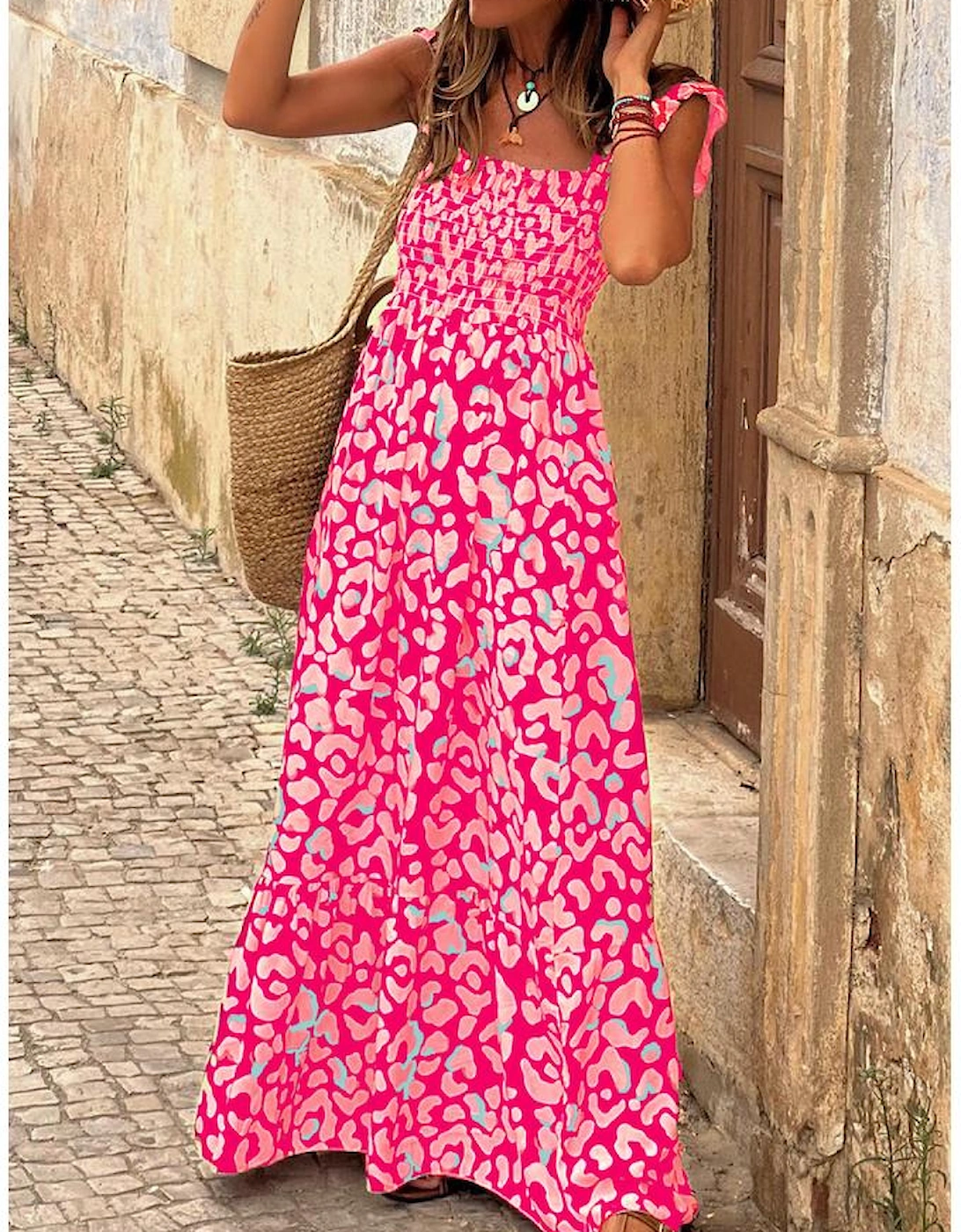 Pink Leopard Ruffle Straps Smocked High Waist Long Dress