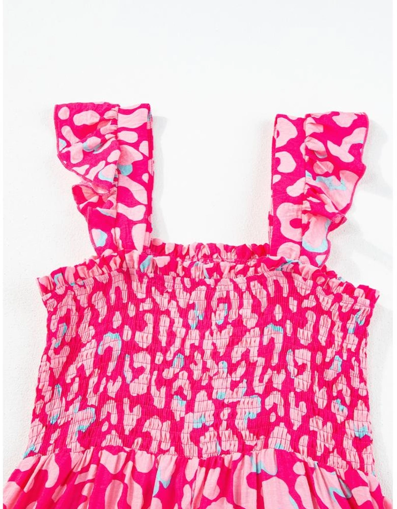 Pink Leopard Ruffle Straps Smocked High Waist Long Dress