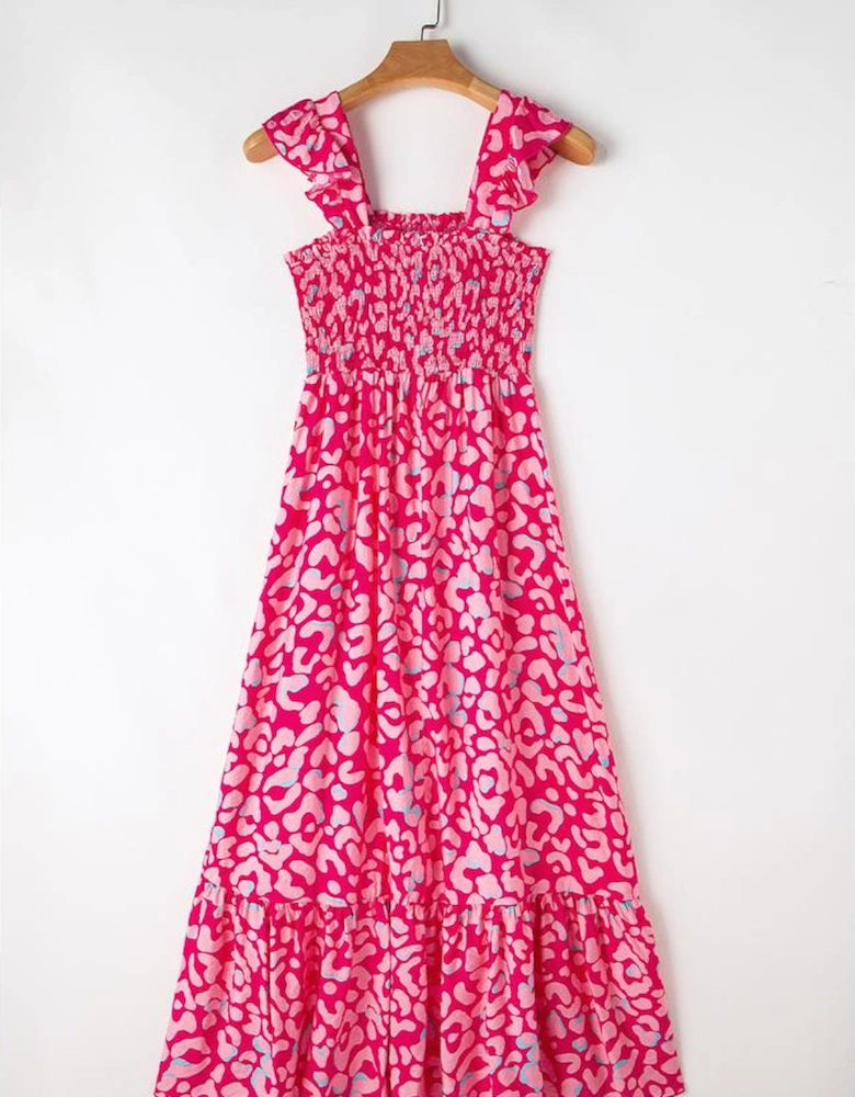Pink Leopard Ruffle Straps Smocked High Waist Long Dress