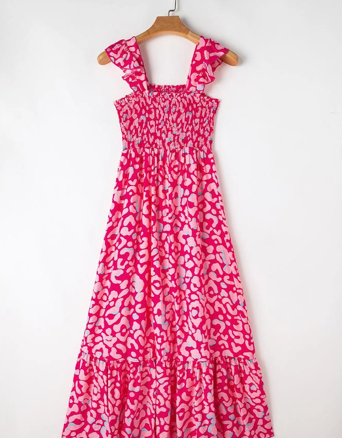 Pink Leopard Ruffle Straps Smocked High Waist Long Dress