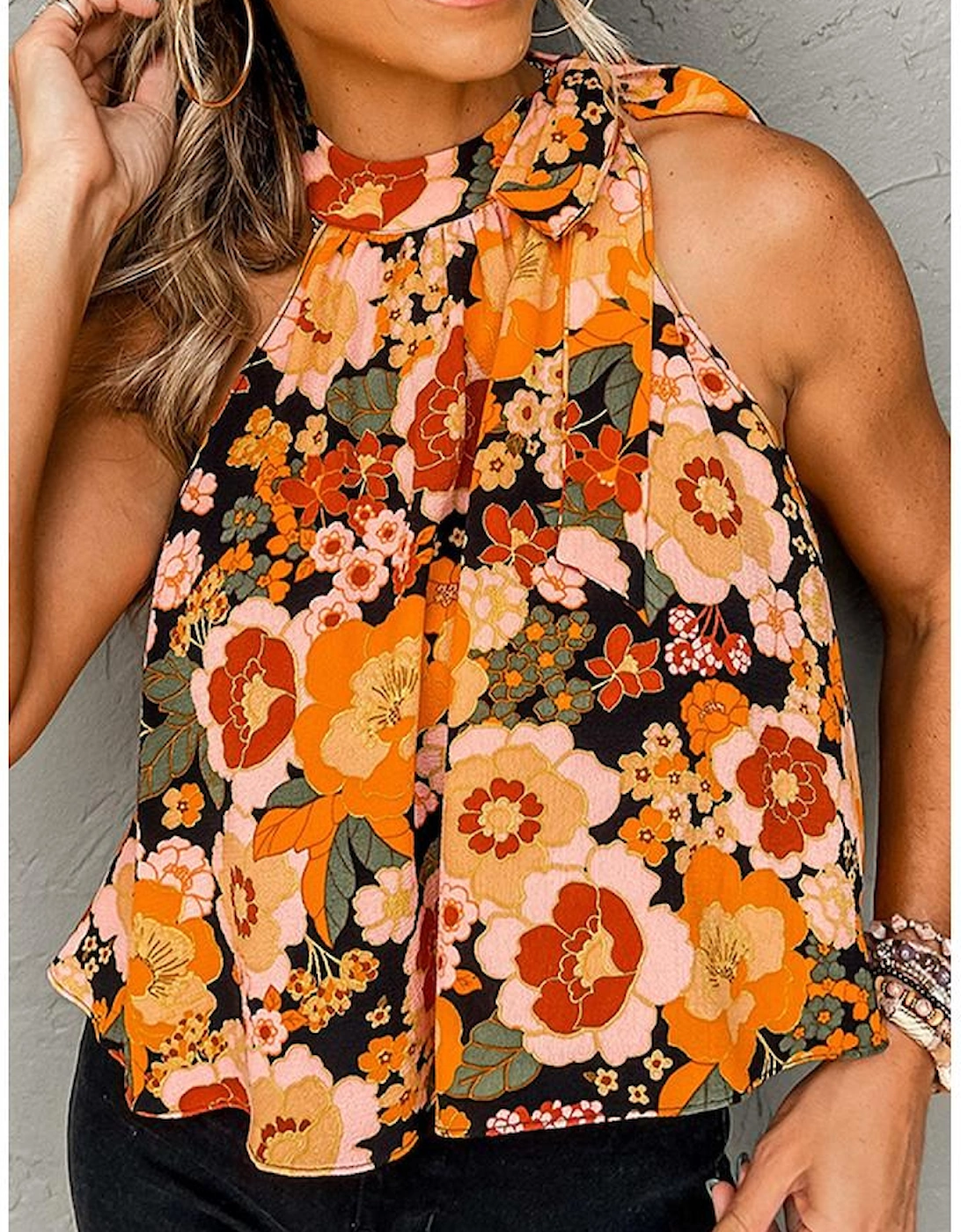 Orange Floral Print Knotted Halter Neck Sleeveless Top, 5 of 4